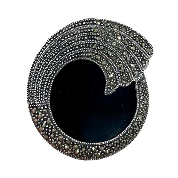 Signed FAS 925 Sterling Silver Marcasite and Onyx Brooch Pin Vintage Deco Style - Picture 1 of 4